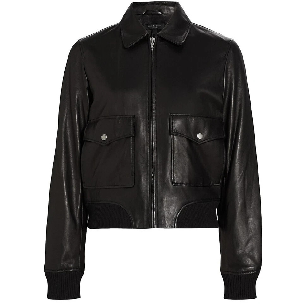 Rag & Bone ICONS Andrea Lamb Leather Jacket Black Pockets Front Ribbed Hem Zip M